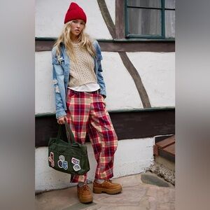 NWT FREE PEOPLE Nice Choice Pull-On Trousers | Wine Combo-Lantern Plaid MSRP $98